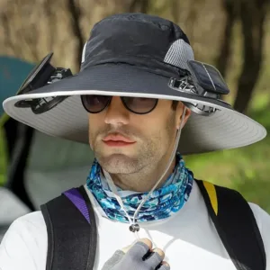 Solar Fan Bucket Hat Lightweight Breathable Wide Brim for Beach Gardening Hiking Rechargeable Via Sun or USB Cable for Men Women